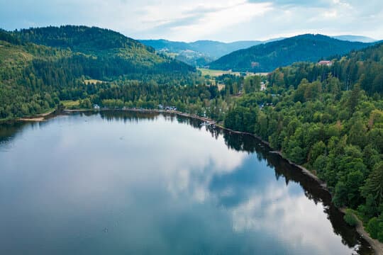 Luftaufnahme des Titisees, umgeben von dichten Wäldern und Hügeln im Schwarzwald